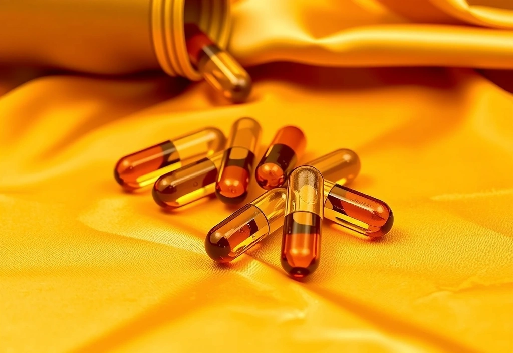 Capsule aurii de vitamine esențiale aranjate elegant pe fundal de mătase