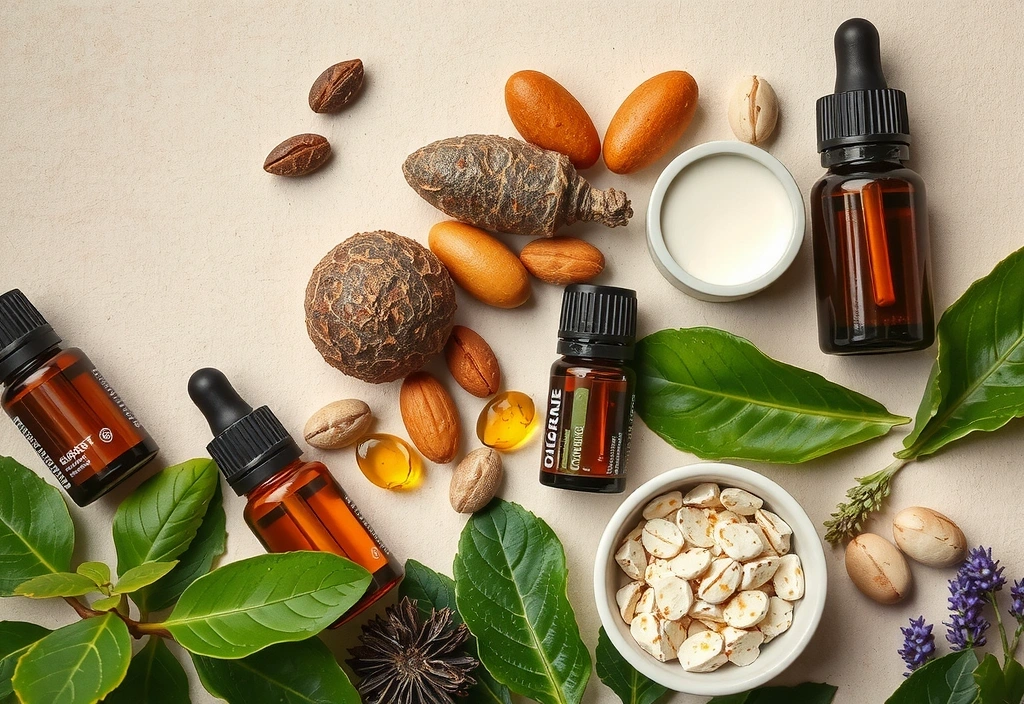 Diverse suplimente naturale, plante uscate și uleiuri esențiale în aranjament artistic