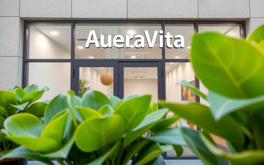 Imagine cu sediul Aureavitacv, o clădire modernă cu multă lumină naturală și plante verzi la interior