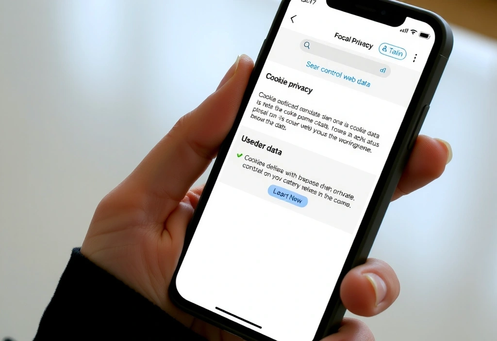 O mână care ține un smartphone afișând setările de confidențialitate pentru cookie-uri