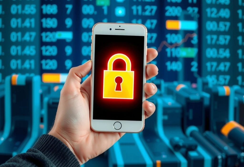 Mână care ține un smartphone securizat cu un lacăt digital, simbolizând securitatea datelor mobile