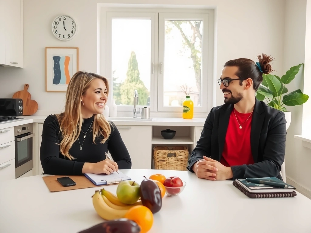 Imagine cu o ședință de consiliere între un specialist în nutriție și un client, într-un mediu prietenos și luminos.