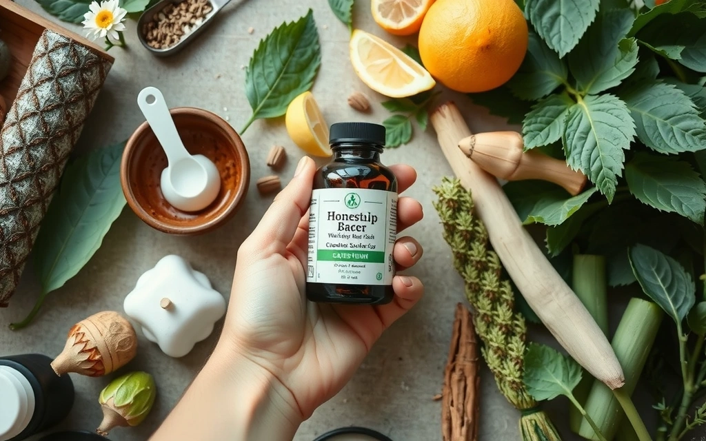 Mână ce ține un flacon de suplimente lângă plante medicinale