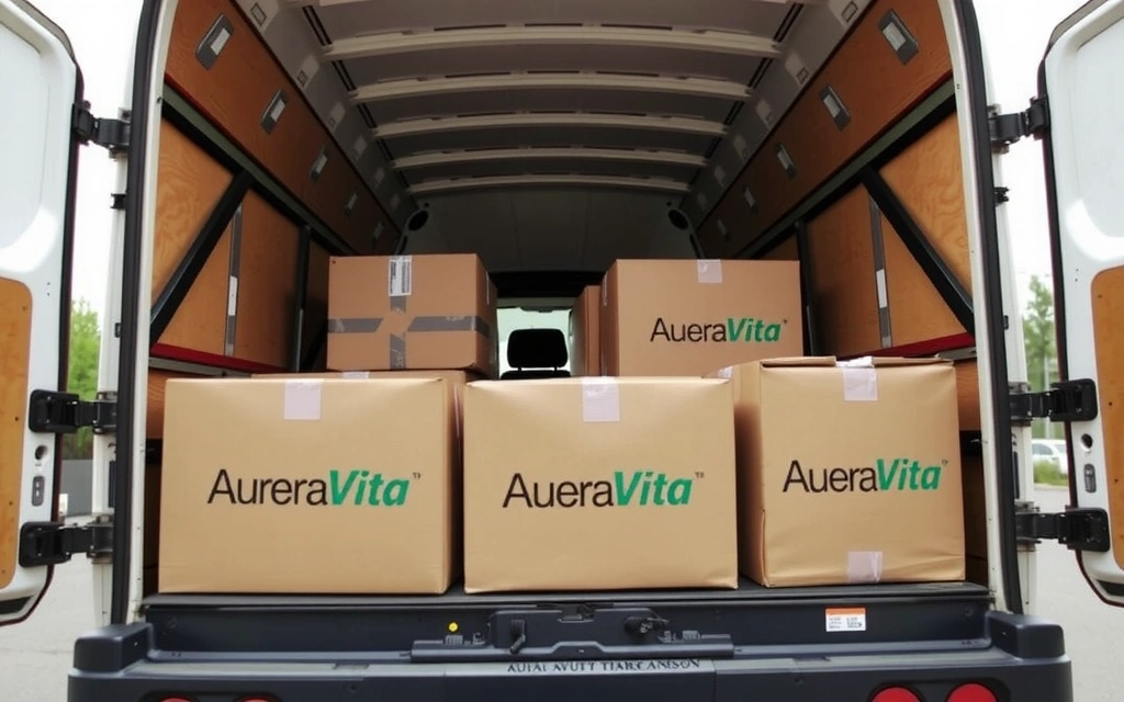 Cutii de livrare Aureavitacv într-un camion de curierat, simbolizând procesul de livrare.