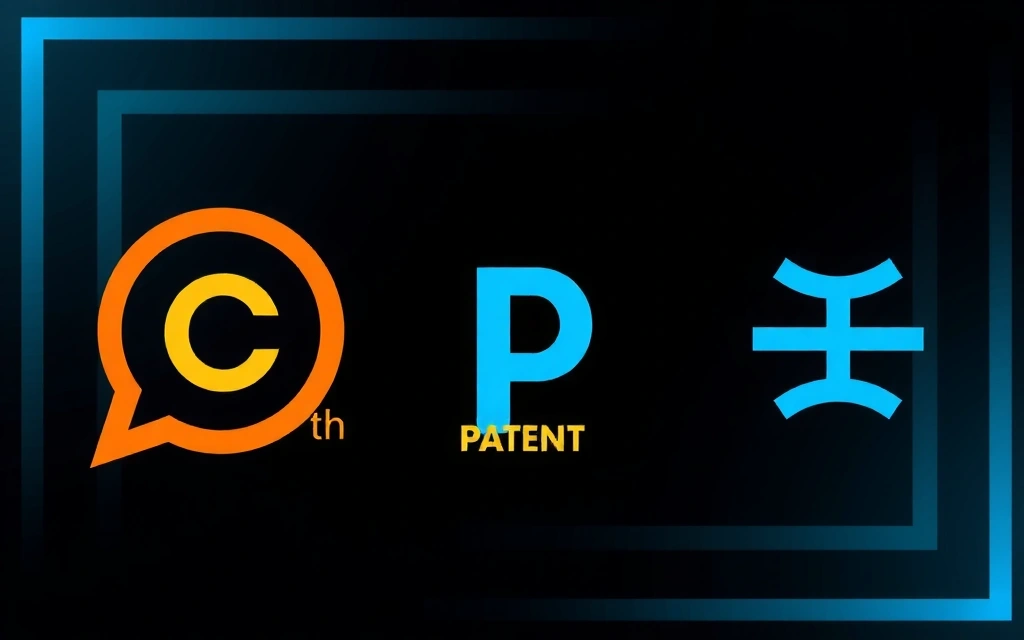 Simboluri de proprietate intelectuală și drepturi de autor, reprezentând protecția conținutului online.