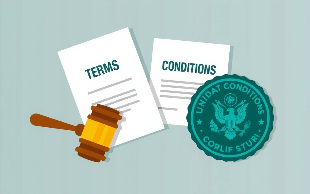 Imagine ilustrativă cu termeni și condiții, documente legale și sigilii de aprobare